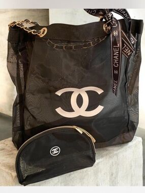 CHANEL Black Mesh Tote with Gold Chain and Cosmetic Pouch